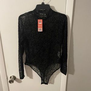 Spider Web Print Black Mesh Bodysuit